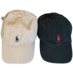 2 Polo Cotton Chino Classic Baseball Caps OS Black Tan Embroidered Pony Logo
